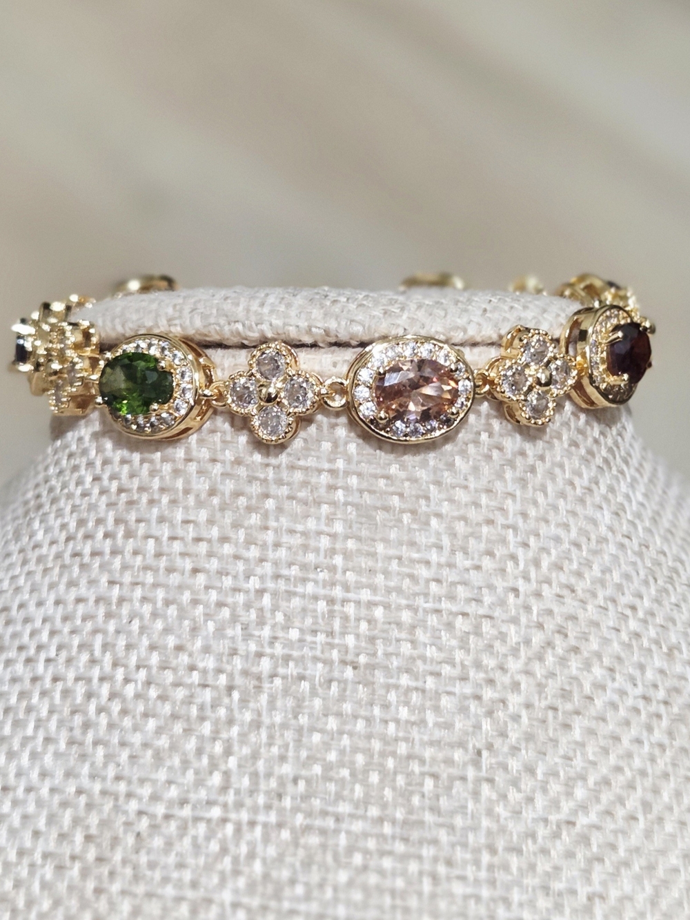 Gold Clover Multi-Gemstone Station Bracelet - Green, Pink, Red Accents